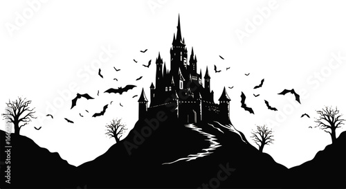 Eerie Gothic Castle Silhouette on a Mystical Hilltop with Swirling Bats, Evoking a Spooky and Mysterious Halloween Night Atmosphere, Ideal for Dark Fantasy and Horror Designs