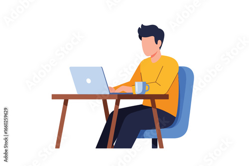 Faceless male character in a yellow sweater working on a laptop computer at a wooden desk