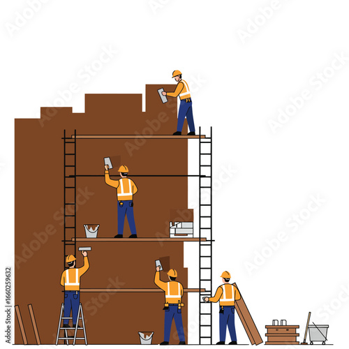A team of skilled construction workers meticulously applies paint to the exterior of a building from multiple levels of scaffolding, ensuring a professional finish.