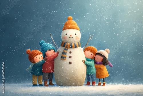 Joyful kids embrace snowman in gentle winter snowfall