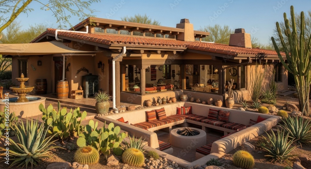 Obraz premium A beautiful Southwestern-style adobe home with a sunken fire pit and desert landscaping.