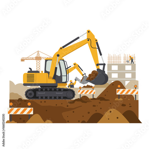 A vibrant flat illustration depicts a large yellow excavator actively digging earth on a bustling construction site with a crane and workers.