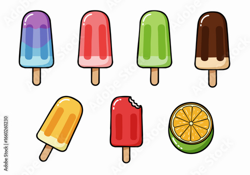 Vibrant Assortment of Colorful Cartoon Popsicles, including a Bitten One, alongside a Fresh Citrus Slice, Ideal for Summer Refreshment.