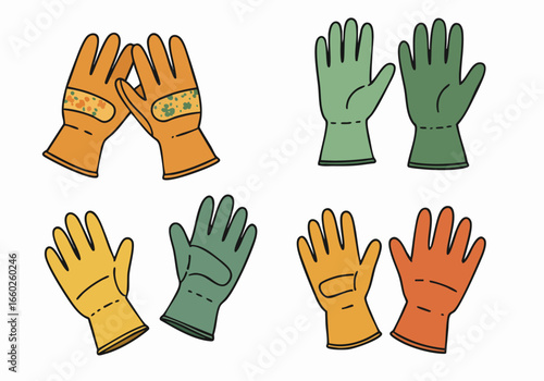 Set of Cartoon Gardening and Work Gloves: Colorful Illustrations of Protective Handwear for Outdoor Tasks and Household Chores.