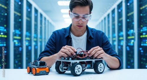 Young engineer building robotics car prototype in modern tech lab