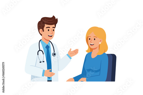 Friendly male doctor in a white coat with a stethoscope consulting a seated blonde female patient in a cartoon vector illustration