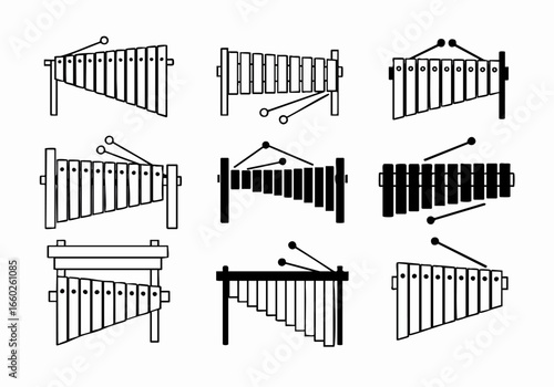 A collection of Xylophone and Mallet Percussion Instrument Icons in various black and white outline and solid fill styles.