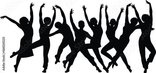 Silhouette of dancers in graceful motion, ballet-inspired group performance, expressive modern dance poses, elegant vector black illustration on white background