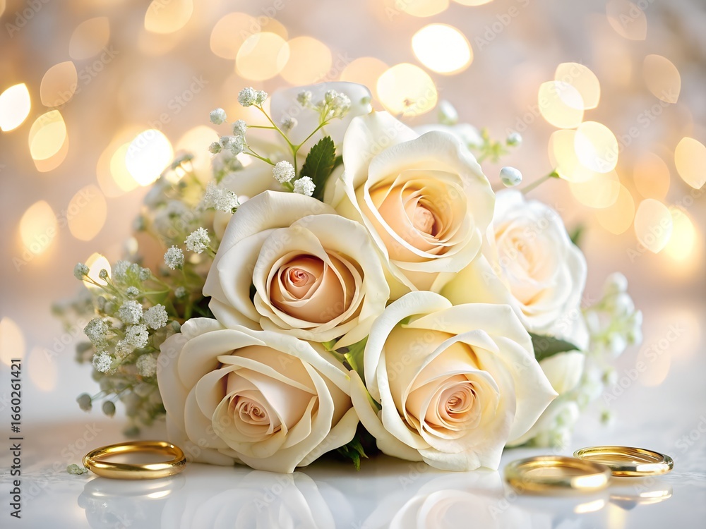 Obraz premium Closeup of a wedding bouquet with roses and rings on a white background