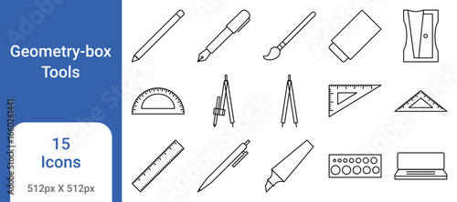 Geometry Box Tools Icon Set – Ruler, Compass, Protractor, Pencil, Eraser, School Stationery Icons
