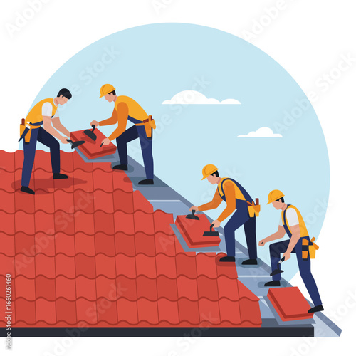 Professional roofers meticulously install vibrant red ceramic tiles onto a residential building, showcasing efficient teamwork and skilled craftsmanship during construction.