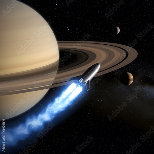 Rocket soaring past Saturn's rings in a stunning display of cosmic exploration and future technology