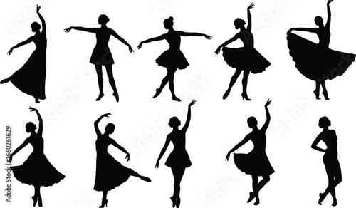 Elegant ballerina silhouette set, female ballet dancer poses, classical dance vector collection, graceful movement, black isolated figures, performance artElegant ballerina silhouette set, female ball