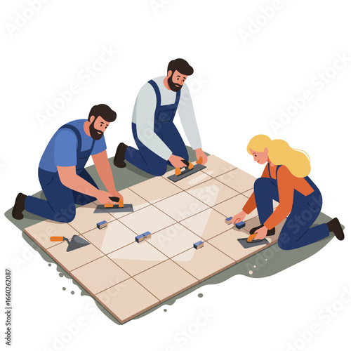 A dedicated team of three professional workers meticulously installs new ceramic floor tiles, showcasing teamwork and precise craftsmanship during a home renovation.