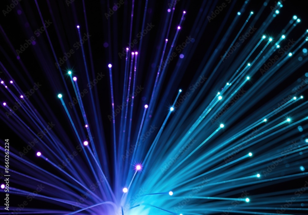 Naklejka premium Close-up glowing fiber optic threads sparkle in deep indigo and cyan light