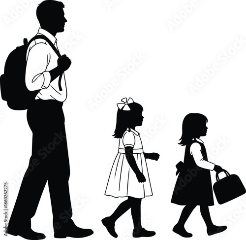 Father and daughters silhouette set, walking family with school bag, parenting and childhood vector illustration for education, lifestyle, and emotional design themes