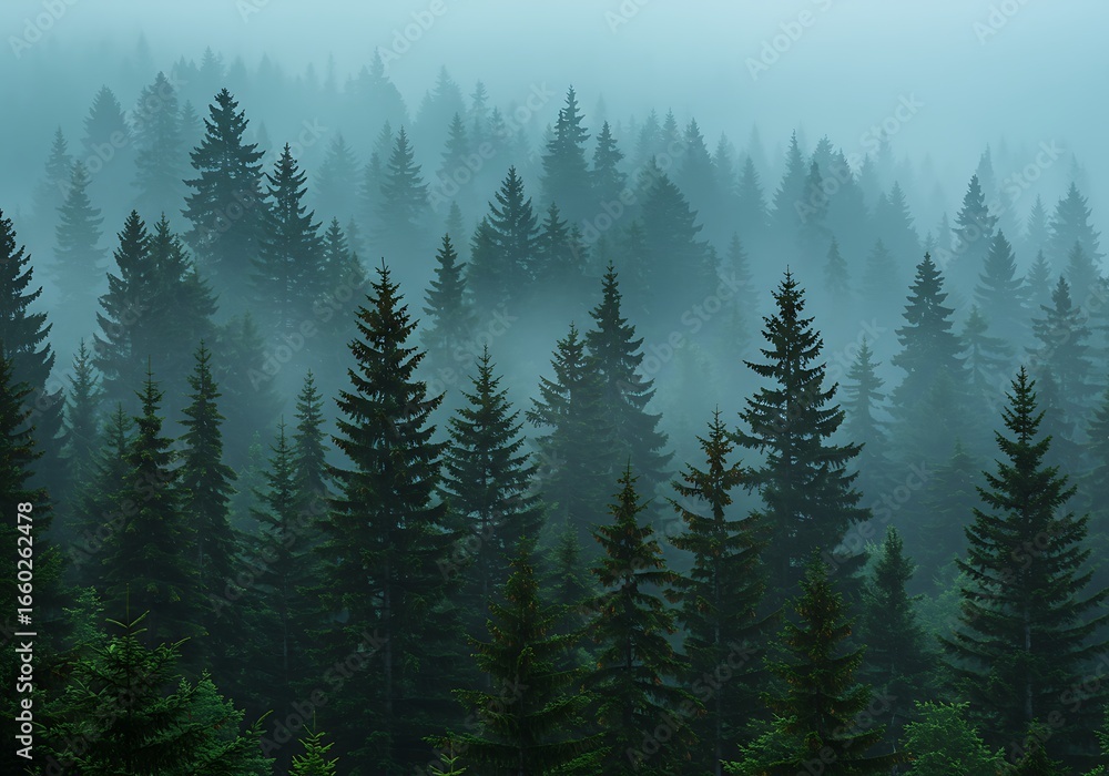 Fototapeta premium Dense Green Pine Forest in Heavy Fog