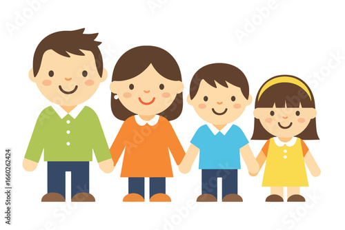 Happy Family of Four Cartoon Illustration Smiling Parents and Two Children Holding Hands