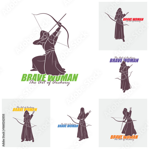 Set of Archer Logo Design Concepts Vector. Silhouette Female Archer Template Illustration