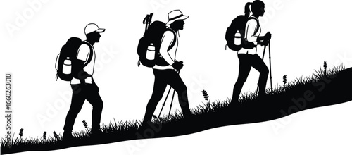 Hiking silhouette set, group of trekkers with backpacks and poles walking uphill, outdoor adventure vector illustration for nature, travel, and fitness themes