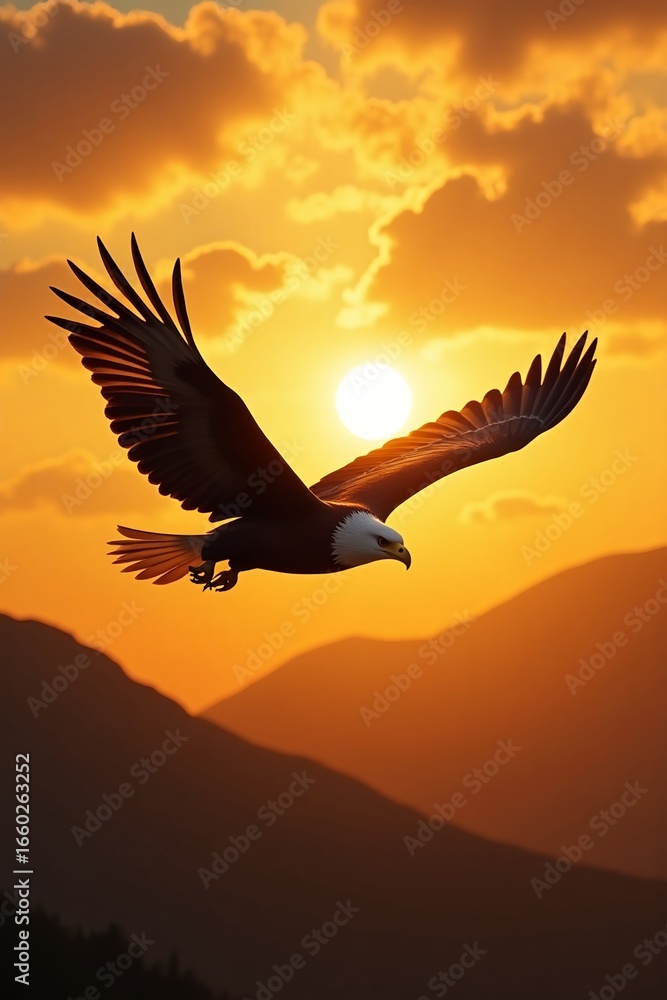 Obraz premium Bald Eagle Soaring Over Mountains at Sunset – Majestic Wildlife Photography
