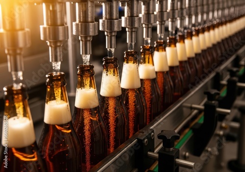 Wallpaper Mural Amber beer bottles glide on conveyor belt under warm brewery production lighting Torontodigital.ca