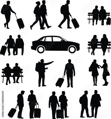 Silhouette illustration of travelers with luggage, car transportation, airport scene, walking, talking, and waiting, ideal for travel and mobility concepts