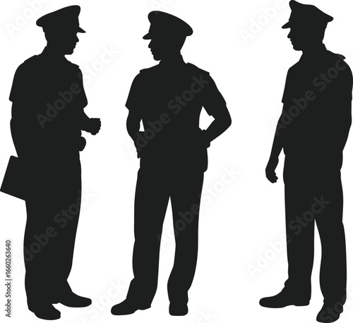 Silhouette of three police officers standing and talking, law enforcement, security personnel, uniformed officers, teamwork, safety, public service, authority, protection,  