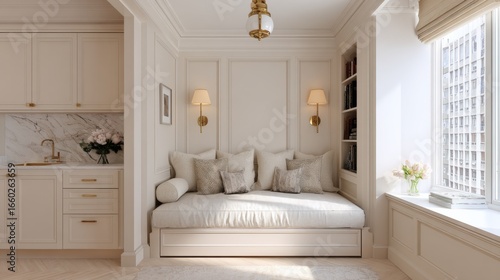 tiny neoclassic studio, storage podium with pull out bed, paneled cream walls, marble kitchenette, brass sconces, daylight, DOF