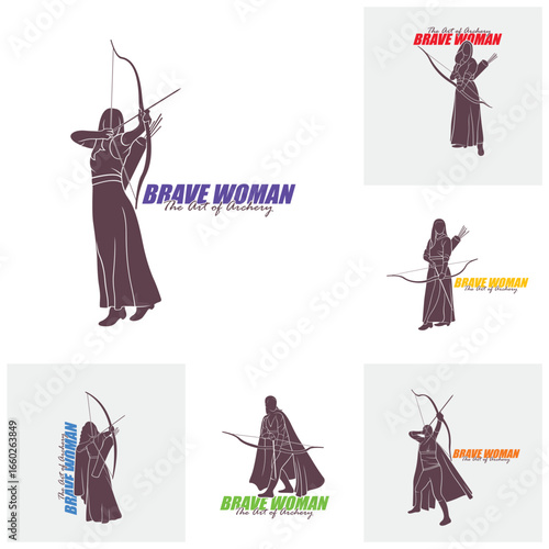 Set of Archer Logo Design Concepts Vector. Silhouette Female Archer Template Illustration