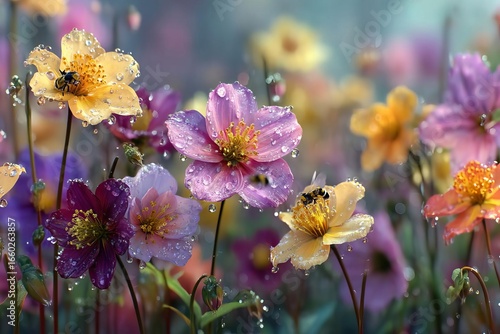 Vibrant flowers with bees, dew drops, soft focus background
