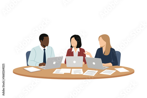 Three diverse business professionals a man and two women collaborating around a table with laptops and documents