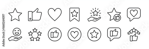Favorite button icon set. Star, thumb up and heart. Contains quality, review, positive feedback, rating, premium, excellence, success, satisfaction, opinion, achievement, reward, grade