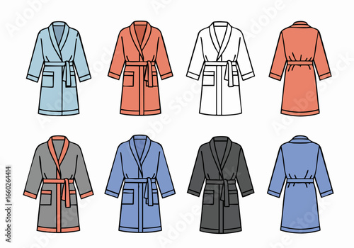 Collection of various colored bathrobes and dressing gowns, in both front and back views, ideal for relaxation and spa concepts.