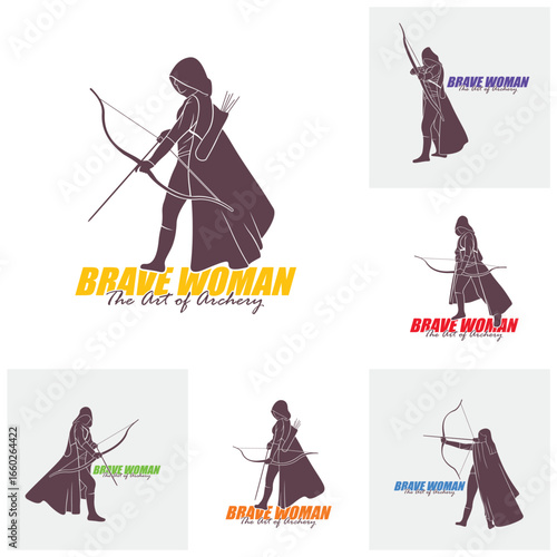 Set of Archer Logo Design Concepts Vector. Silhouette Female Archer Template Illustration