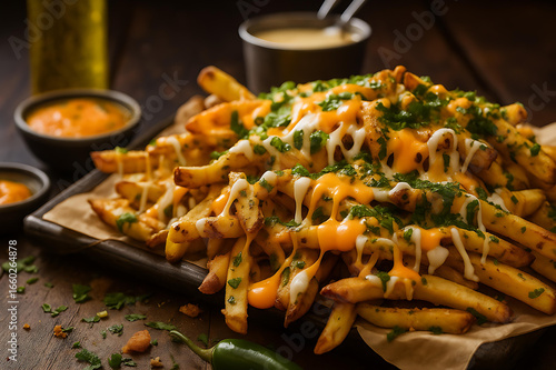 Delicious cheesy fries loaded with gooey melted cheese and toppings