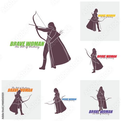 Set of Archer Logo Design Concepts Vector. Silhouette Female Archer Template Illustration