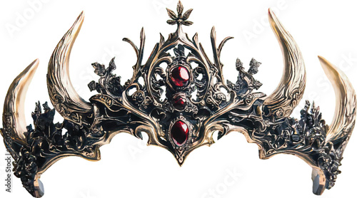 Ornate dark metal tiara with large red gemstones and animal horns on a white background crown