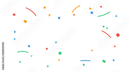 Colorful confetti with abstract geometric shapes like circles, squares, and triangles, creating a festive frame for celebration, party, or events. Isolated graphic on a transparent background.