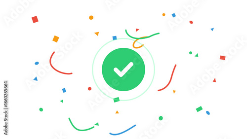 Green checkmark icon with colorful confetti celebration graphic element. Symbol of success, approval, and completion. Isolated illustration with a transparent background for easy use.