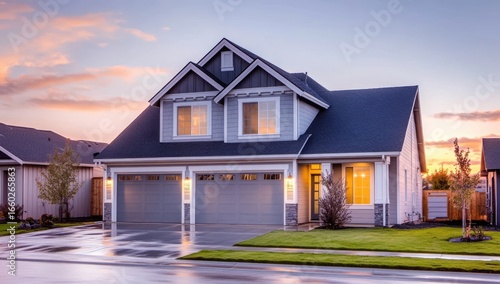 Suburban home at dusk, with lit garage