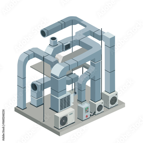 Isometric illustration of an industrial HVAC system, showing ventilation ducts and air conditioning units, crucial for climate management.