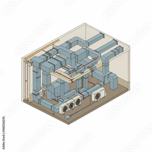 An intricate isometric diagram illustrates a comprehensive heating, ventilation, and air conditioning (HVAC) system with detailed ductwork and machinery.