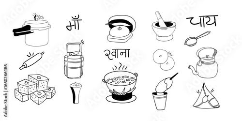 Indian food aesthetics,Hand Drawn design element,India food and restaurant background design,desi food clip art,scribbles for indian food. 