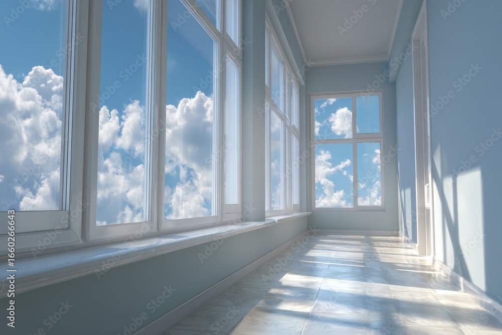 Fototapeta premium Casement Windows. Sunny Afternoon View through Large Wall of Windows