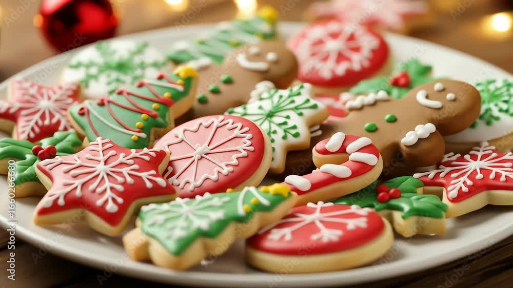 Close-up view of an assortment of homemade Christmas cookies and gingerbread men, decorated with festive icing, on a white plate against a rustic wooden background,