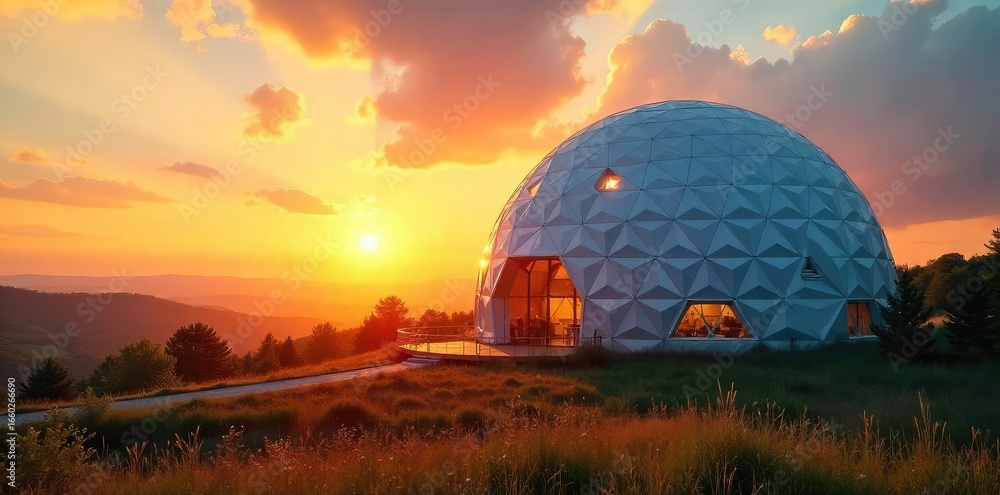 Obraz premium Majestic Geodesic Dome at Sunset Long Shadows Across a Serene Landscape, Perfect for Architectural, Travel, and Nature Projects