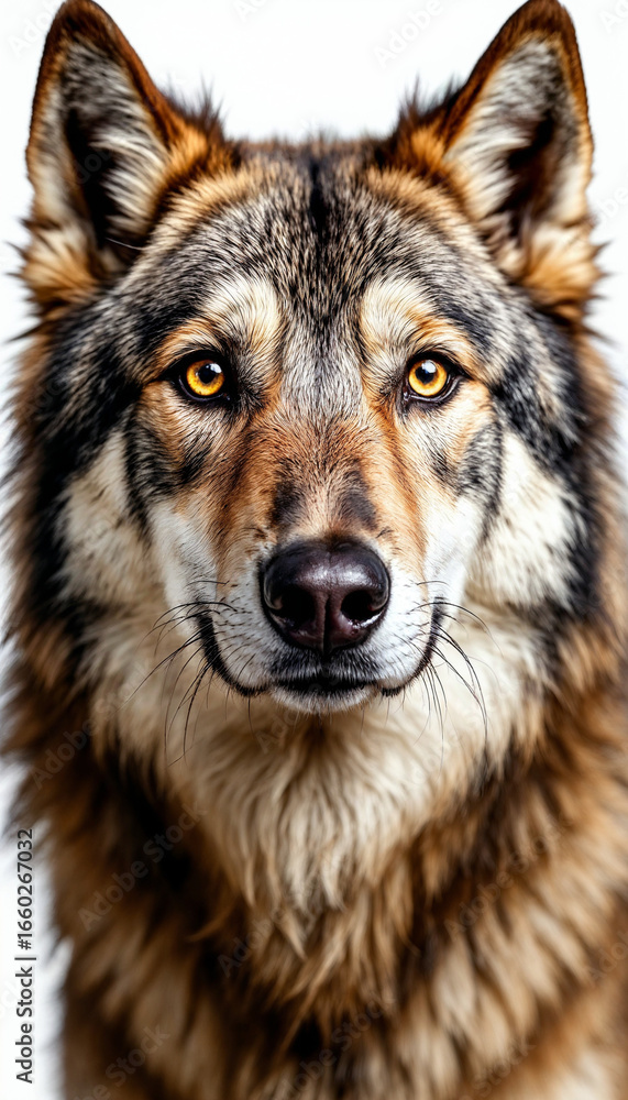 Fototapeta premium dog, alpha, wild, canine, portrait, fur, tousled, eyes, gaze, confident, strong, intelligent, predator, mammal, beast, studio, whitebackground, isolated, animal, closeup, facial, expression, majestic,