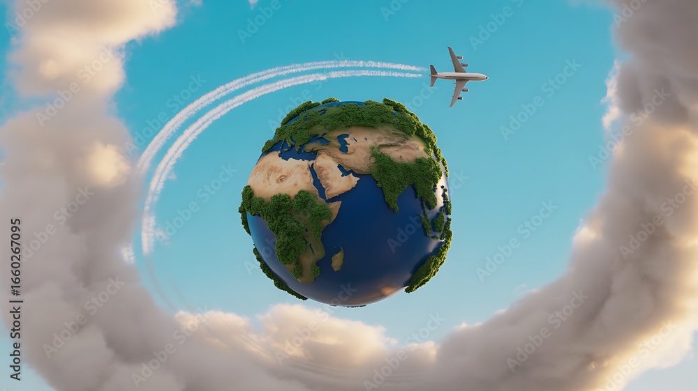 Naklejka premium A cartoon earth with an airplane flying around it in a blue sky