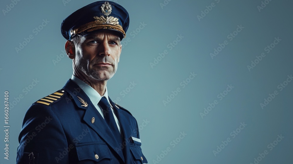A professional male police officer wearing a uniform, looking at the camera with a confident and serious expression. A professional male police officer wearing a uniform, looking at the camera with a confident and serious expression.
